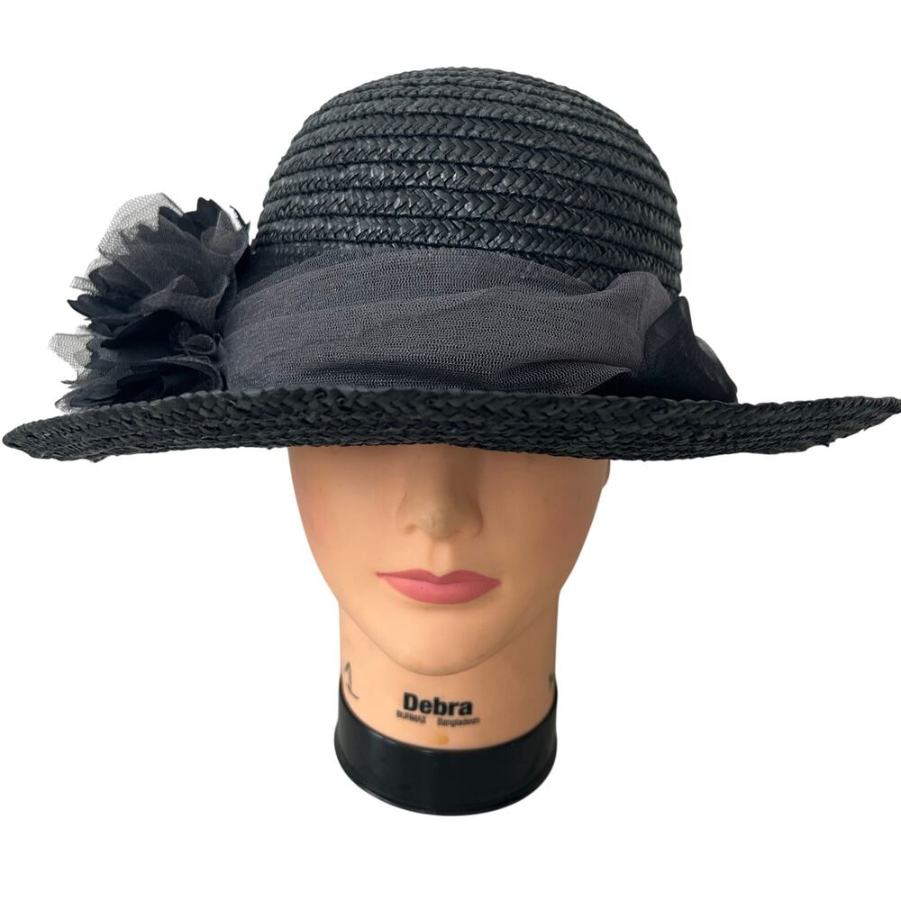 Vintage Betmar Black Straw Floral Cloche Wide Brim Hat Made in Italy funeral